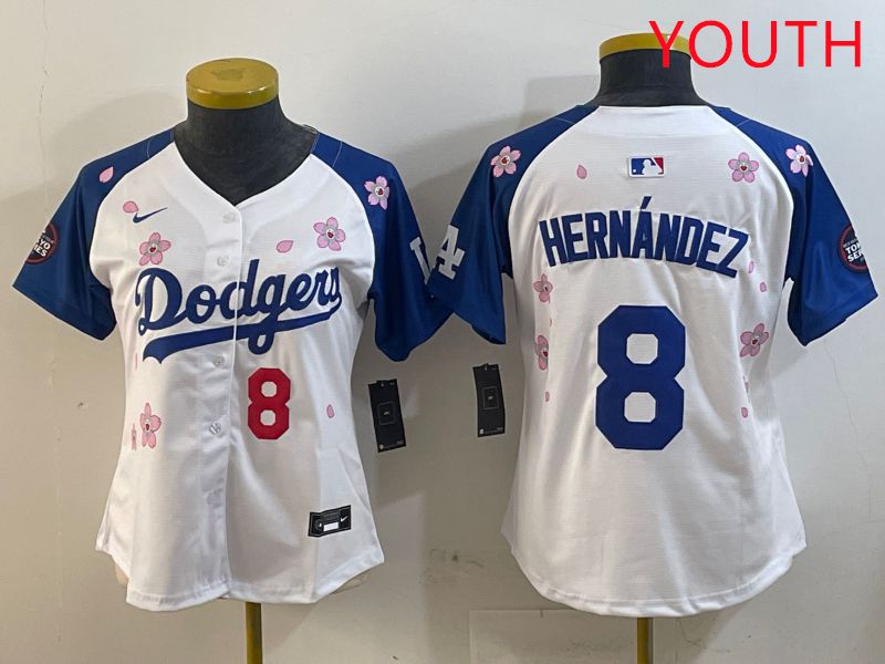 Youth Los Angeles Dodgers #8 Hernandez White Blue Sakura Edition 2025 Nike MLB Jersey style 6->youth mlb jersey->Youth Jersey